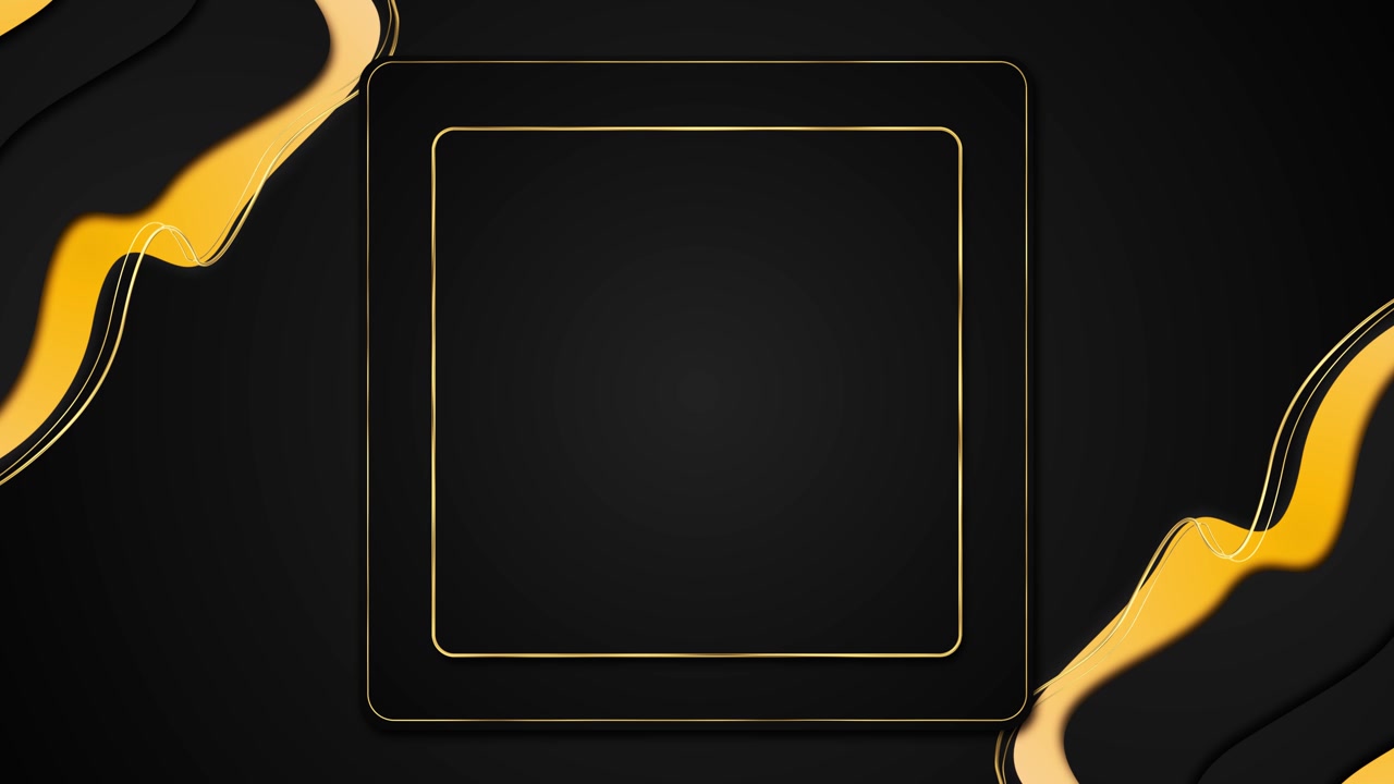 Elegante cornice astratta nera e oro, curve fluide, bordi metallici sottili, ampio pannello centrale, lusso