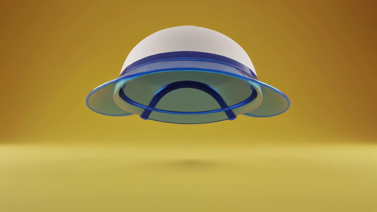 Witte en blauwe zonneklep draaiend en zwevend op gele achtergrond