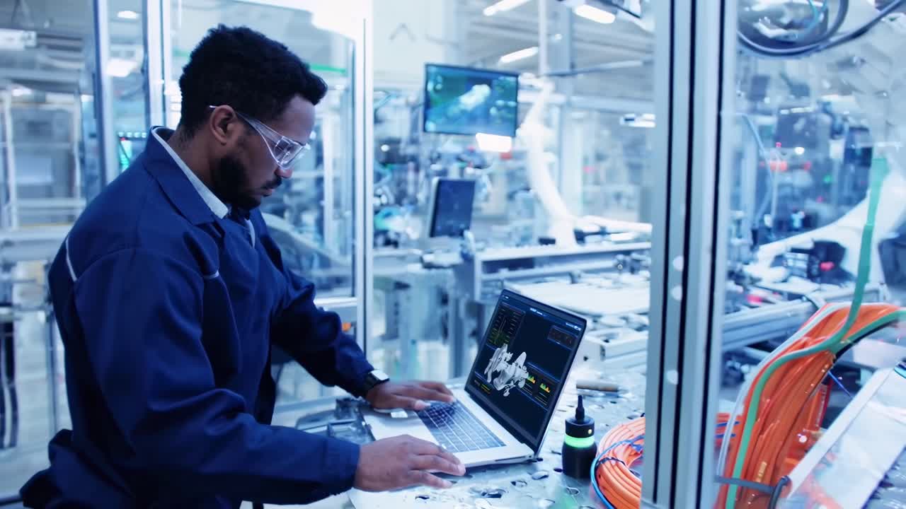 High-angle video of engineer using laptop in a modern factory, focusing on robotics