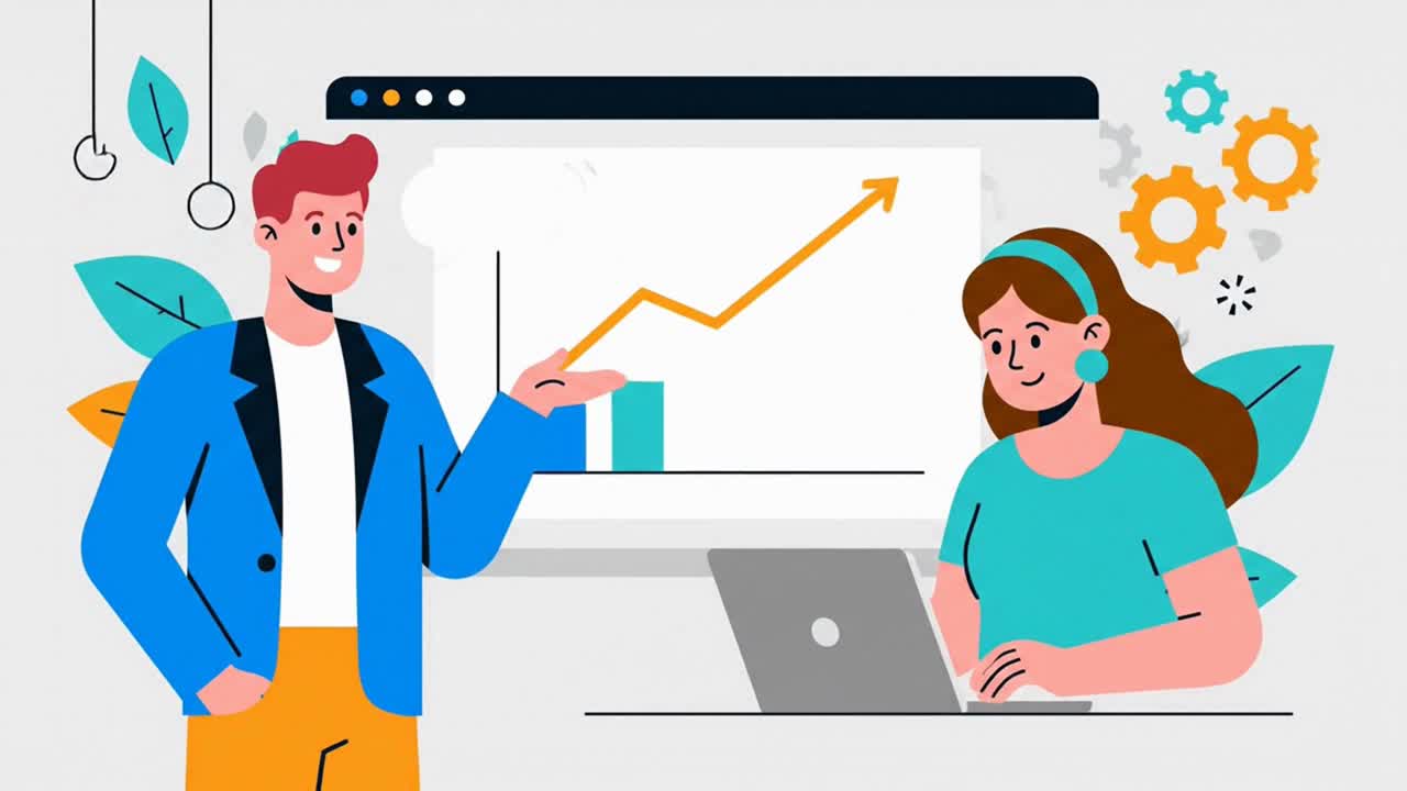 Businessman presenting a successful growth data chart to his female colleague at work