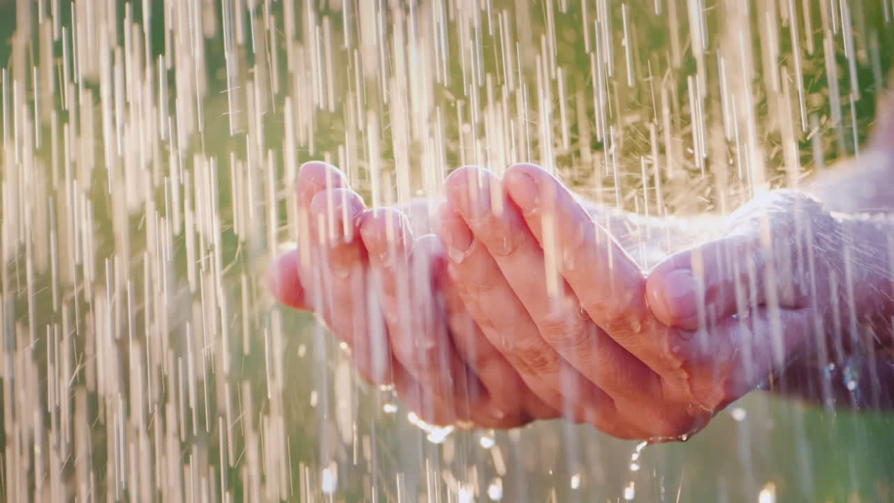 한 남자가 쏟아지는 빗방울에 손을 잡고 시원하고 깨끗한 물 개념이 천천히 날아간다