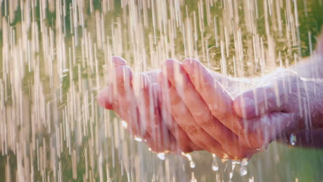 男人把他的手放在倾盆雨中 水滴飞开 凉爽和干净的水概念慢慢