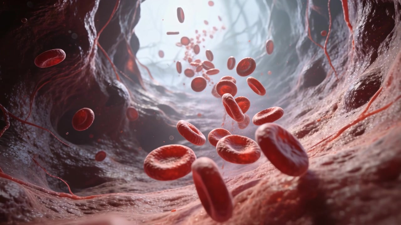 Camera tracking, red blood cells streaming through vessel lumen with thin wall strands toward light