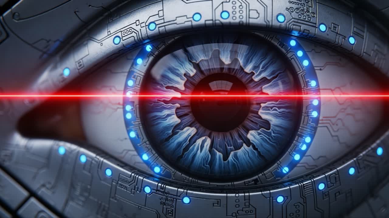 Futuristic Cybernetic Eye: A Close-Up View of a High-Tech Synthetic Eye Enhanced with Laser Technology and Intricate Circuit Patterns