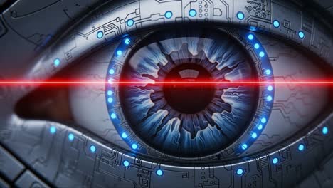 futuristic cybernetic eye: a close-up view of a high-tech synthetic eye enhanced with laser technology and intricate circuit patterns