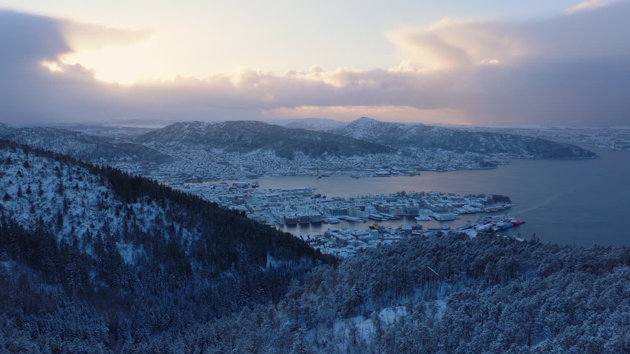 Downtown Bergen seen from the mountains on a beautiful snowy winter day