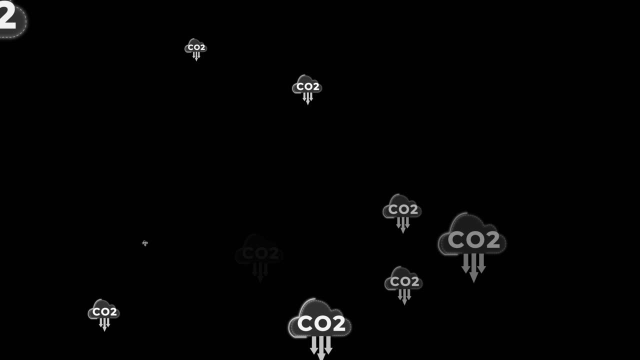 검은 바탕에 있는 co2 입자의 애니메이션으로 이산화탄소를 줄이기 위한 화살표가 있습니다.