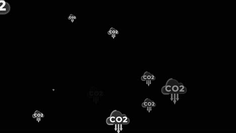 animación de partículas de co2 en fondo negro con flechas para la reducción de dióxido de carbono