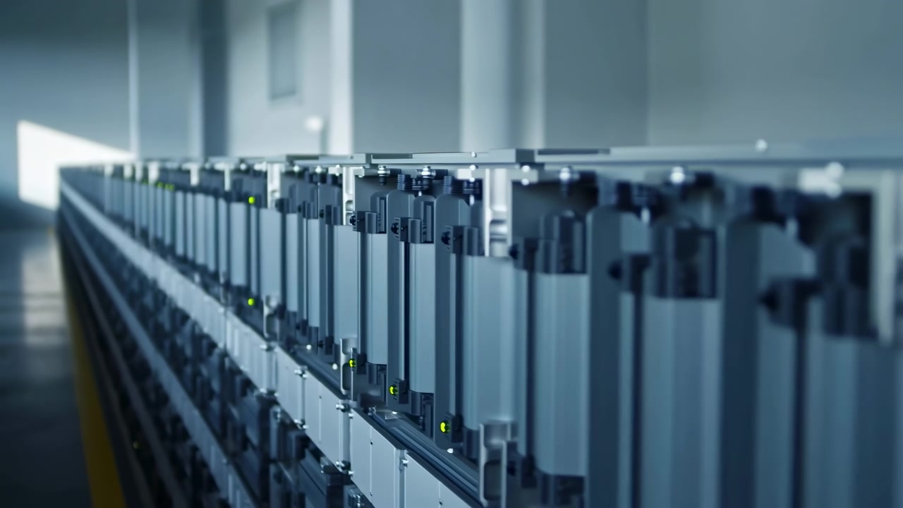 Diagonal view of server racks and network storage units in a clean industrial data center, with small status lights and cool lighting creating a secure high