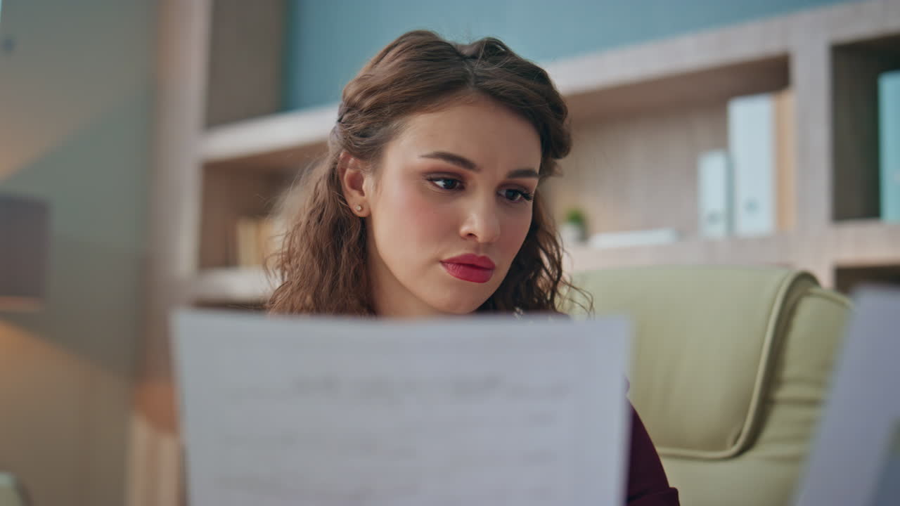 Employee checking report problem at workplace closeup. Frustrated woman reading