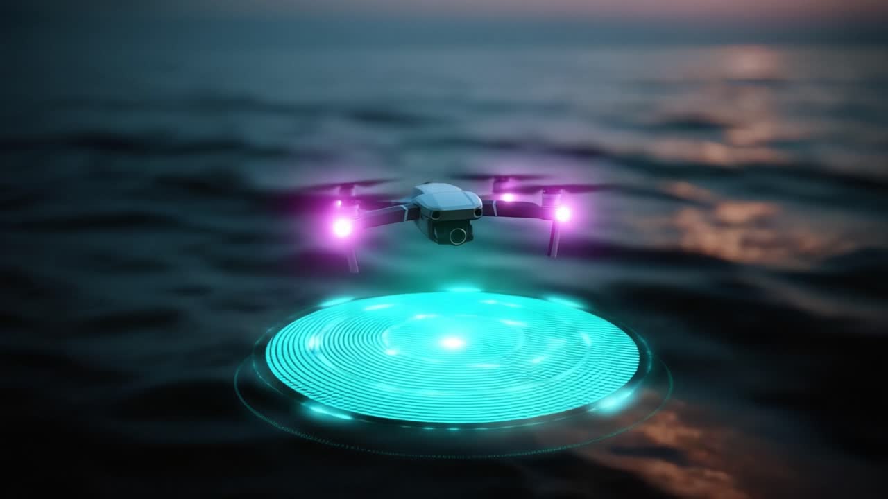 Drönare svävar över en glödande cirkulär plattform på vattnet. Solnedgångens färger reflekteras på havsytan. Teknik möter natur i ett stillsamt skymningsögonblick. Idealisk för teknik, äventyr.