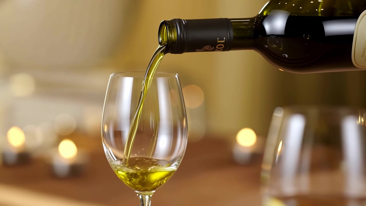 Una bottiglia di vino viene versata in un bicchiere in una stanza in penombra con candele sullo sfondo, creando un'atmosfera rilassata ed elegante con un primo piano che si concentra sul versamento del vino.