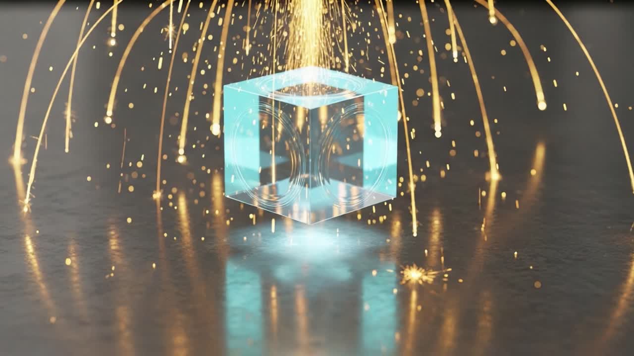 A Stunning Display of Sparkling Light and Transparency: An Illuminated Crystal Cube Surrounded by Radiant Sparks in a Captivating Visual Scene