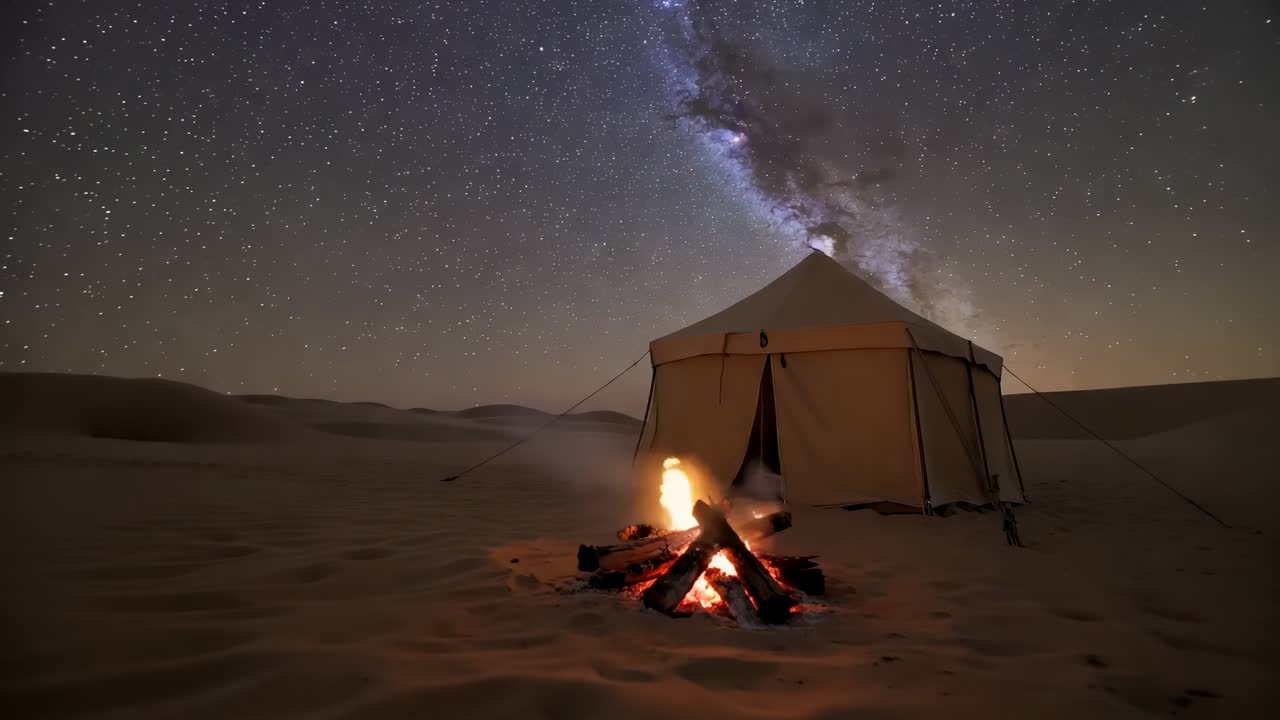 Falò acceso che diffonde braci e fumo accanto a una tenda di tela nel deserto, Via Lattea sopra la testa