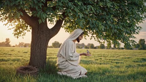 jesus, depicted as a compassionate figure, kneels beneath a leafy tree at sunset, tenderly holding a small bird in his cupped hands, radiating serenity and love for all creatures