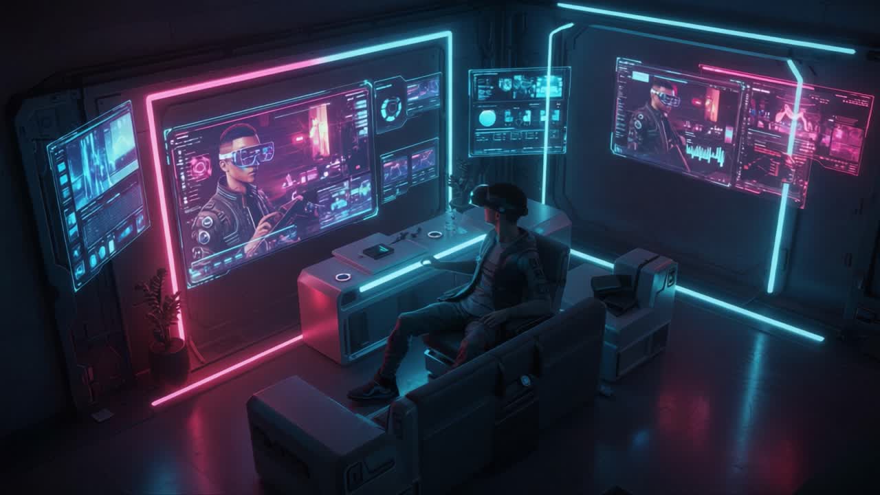 Futuristic Tech Environment: A Virtual Reality Enthusiast Engaged in Immersive Digital Experience Surrounded by Neon Screens and Advanced Interface Graphics