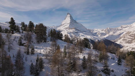 Aerial-shot-in-Switzerland-in-the-town-of-Zermatt-with-the-Matterhorn-mountain