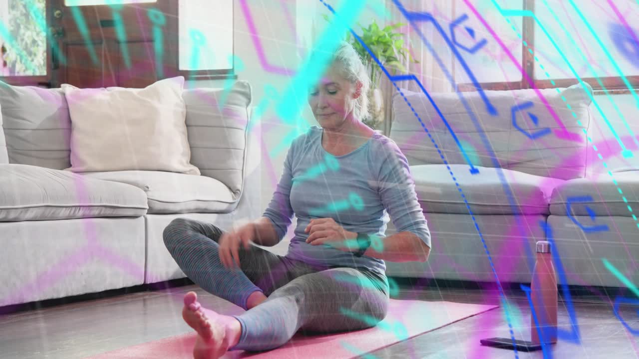 Woman doing phone fitness session on pink mat holding toe-reach rotating for mobility neon sweep