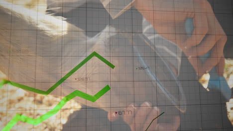 mid-adult woman trimming hair in grooming scene, presenting green finance graph grid animations