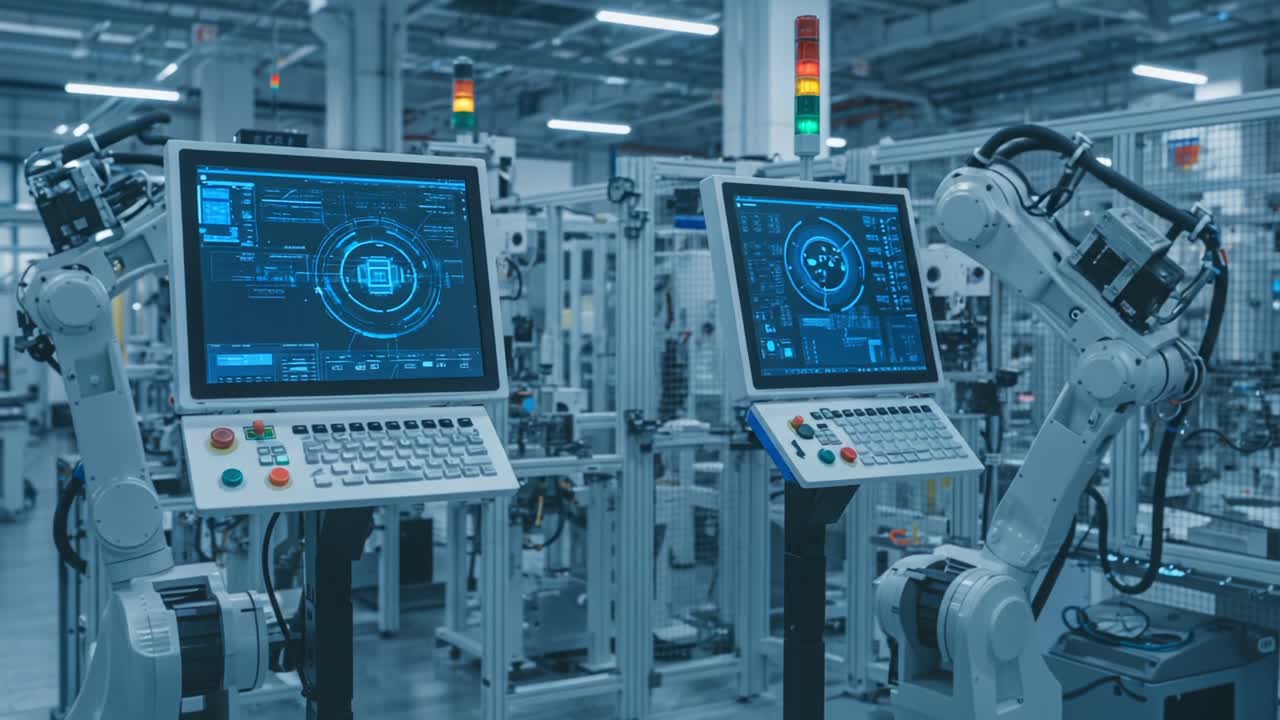 Advanced Robotics Control Systems with Interactive Displays in a High-Tech Manufacturing Environment Showcasing Automation Technology