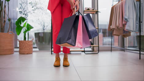 luxury, shopping bag and shoes of person in store