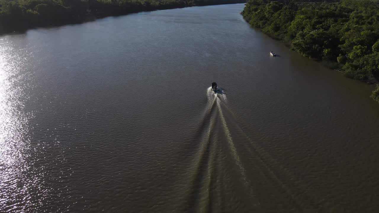 Aerial flight behind motorboat driving on Amazon River during sunny day surrounded by green forest trees in jungle