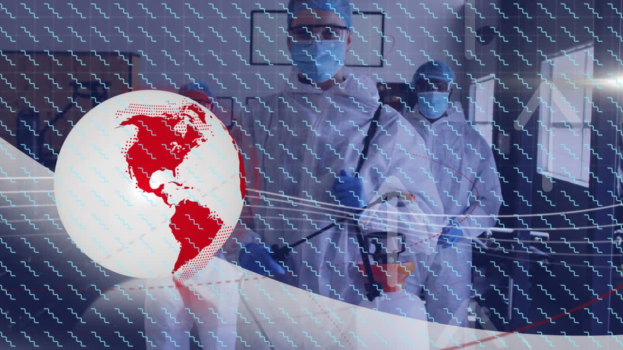 안전복을 입은 다양한 의사들에 대한 지구와 모양의 애니메이션.
