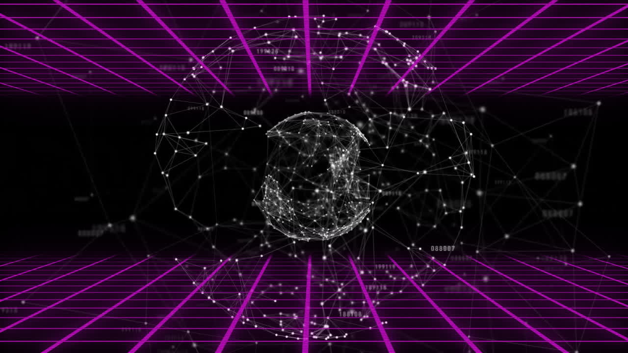 Digital globe with connecting lines and nodes, futuristic network animation over grid
