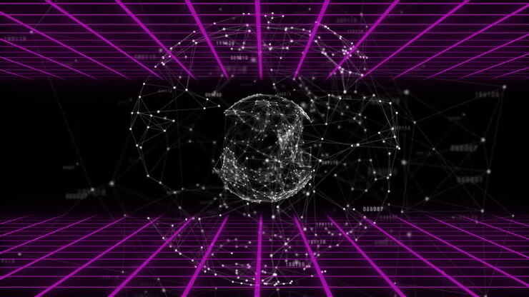 Digital globe with connecting lines and nodes, futuristic network animation over grid