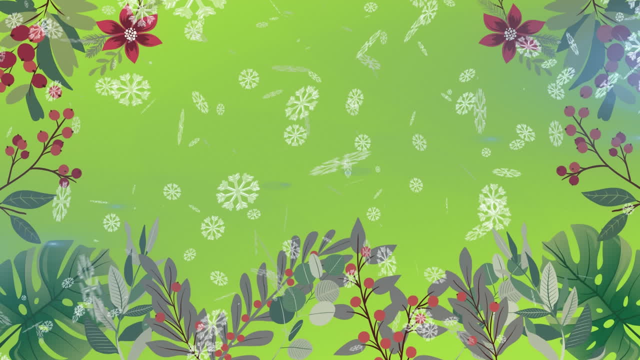 animación digital de copos de nieve que caen contra diseños florales sobre un fondo verde