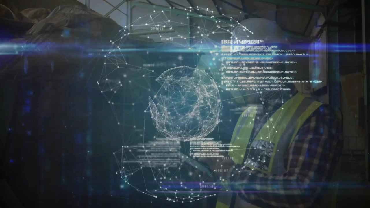 Industrial worker inspecting tablet in factory, with holographic wireframe sphere and code overlay