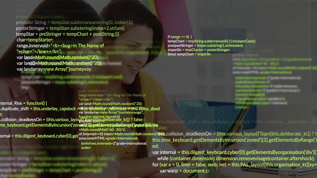 Working together at desk, two people with computer code animation overlay