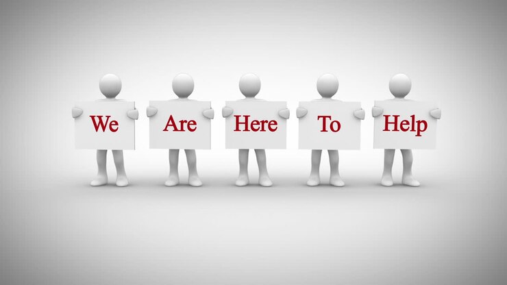White characters showing signs saying we are here to help