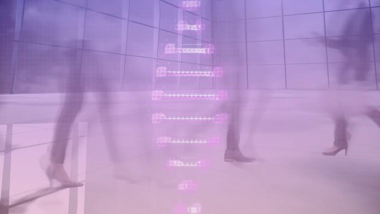 Fashion models walking across tiled shiny floor entering and initiating purple-pink helix overlay
