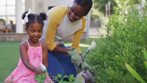 Happy-african-american-mother-and-daughter-gardening,-planting-and-watering-plants-in-garden