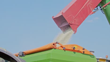 loading fertiliser on a mounted green fertilizer spreader on agricultural campaign