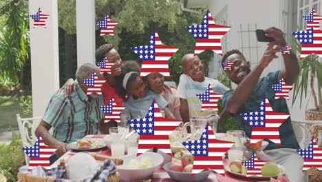 animation of stars with flag of united states of america waving over smiling african american family