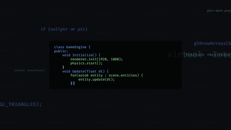Softwareudvikler der skriver C++ kode til en spilmotor
