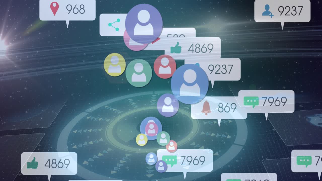 Animasjon av sosiale medier-ikoner som svever over et grensesnitt med databehandling og lyspunkt.
