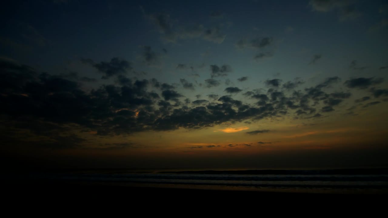 a wide angle shot of a sunrise in the beach.