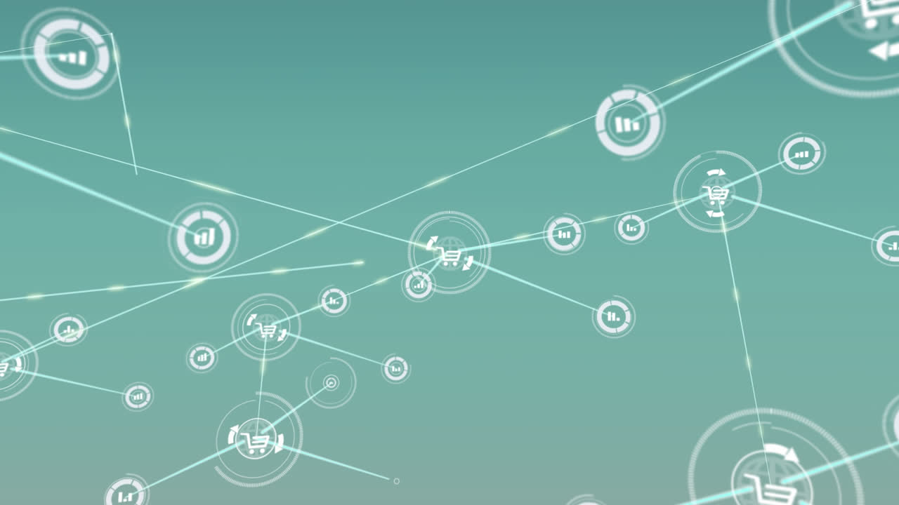 animación de gráficos y iconos de carrito de compras conectados con líneas contra fondo azul