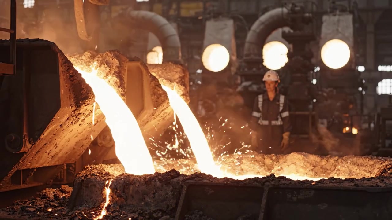 Metallo fuso scorre da un grande contenitore in una fonderia, creando scintille e illuminando l'ambiente industriale scarsamente illuminato dove i lavoratori supervisionano il processo.