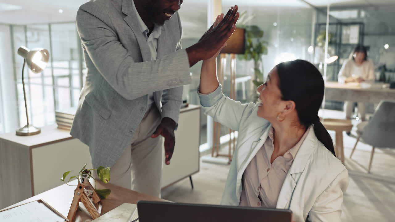 Excited business people, high five