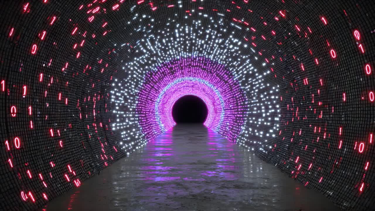 A Futuristic Tunnel of Light: Exploring an Enigmatic Pathway Illuminated by Vibrant Neon Patterns Reflecting on a Smooth Surface Beneath the Glowing Archways