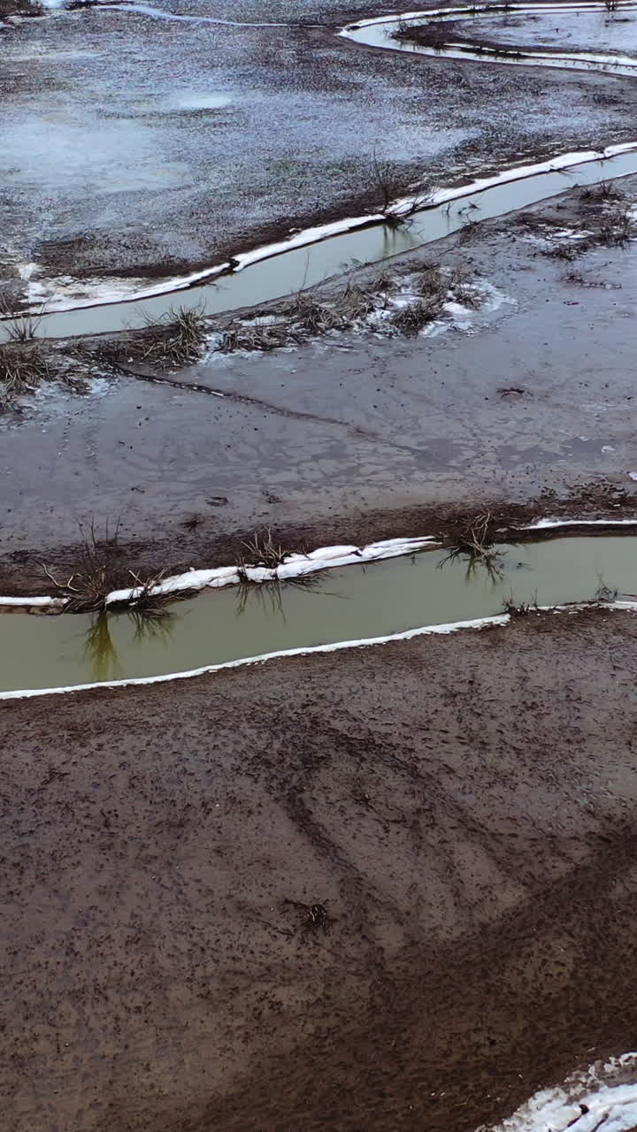 Muddy river. Dirty environment. Tortuous river in drought place. Polluted nature background. Aerial view. Vertical video