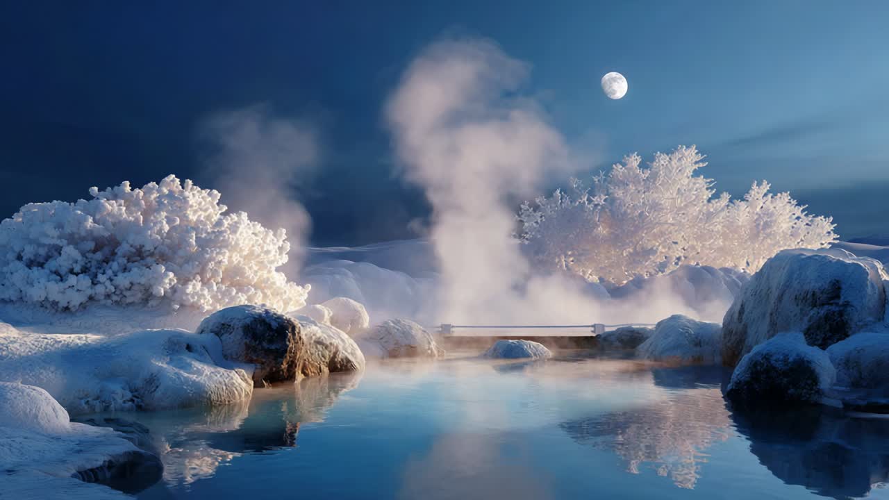 A Serene Winter Landscape with a Mystical Hot Spring Surrounded by Snow-Covered Rocks and Frosty Trees Under a Starry Night Sky, Creating a Tranquil Atmosphere of Natural Beauty and Peace