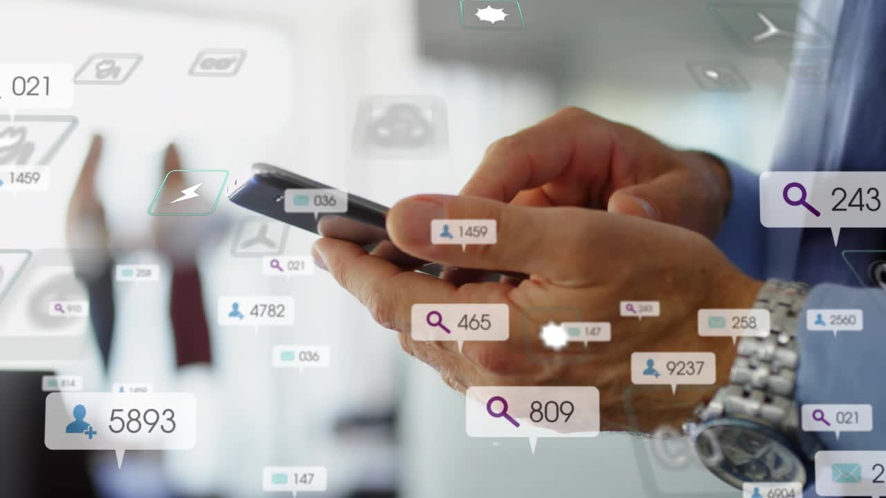 Mature man tapping, swiping phone in corporate office, causing floating UI badges tracking metrics