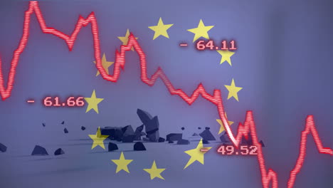 stock market decline animation over european union stars and broken rocks