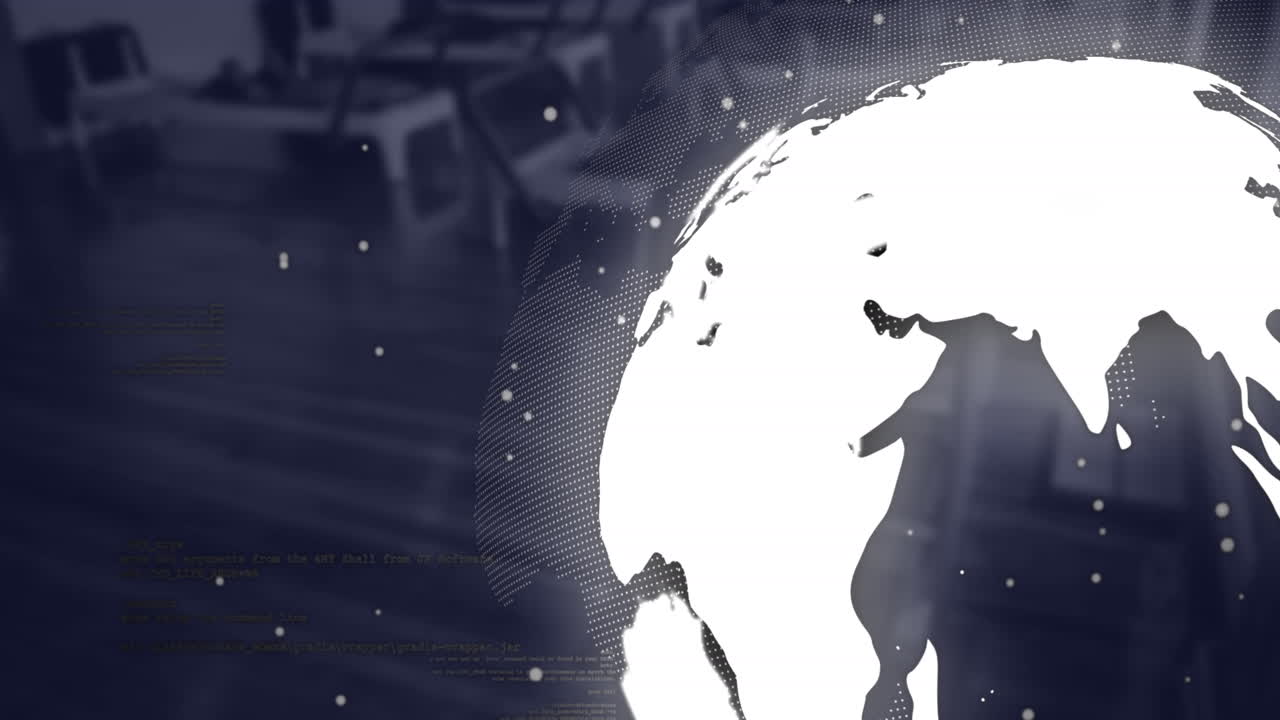 Animation of white particles, spinning globe and data processing against empty office