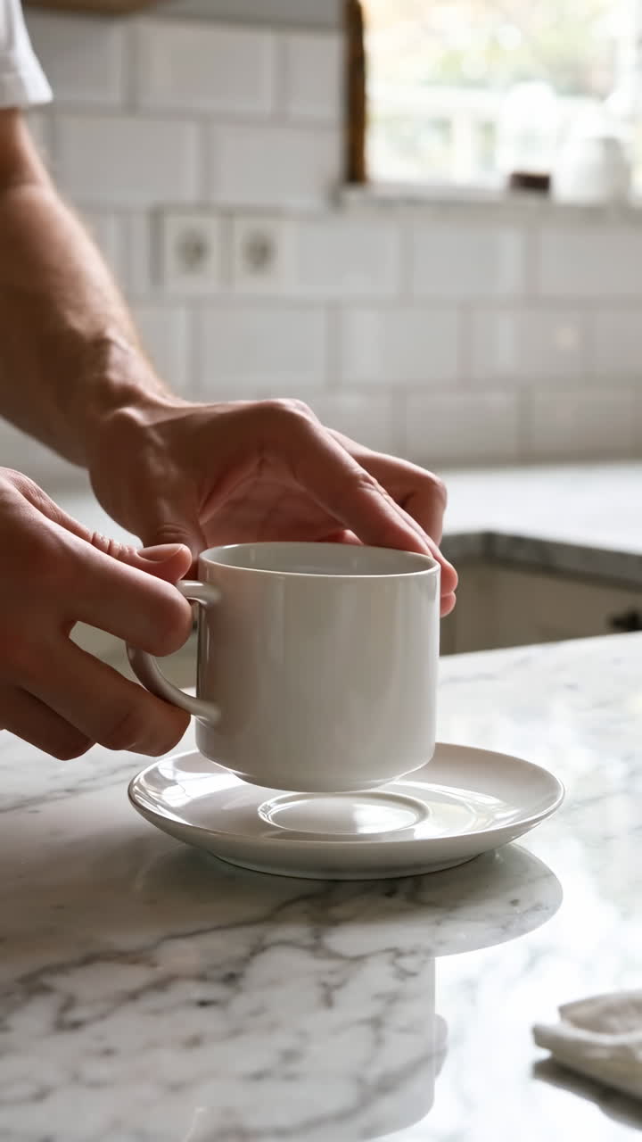 Hands holding a white coffee cup and saucer on a marble counter